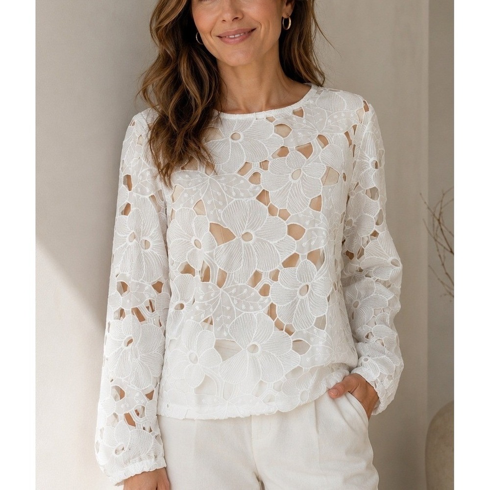 Frank Lymanโ Floral Cutwork Lace Blouse Romantic Cottagecore White Top Size 6